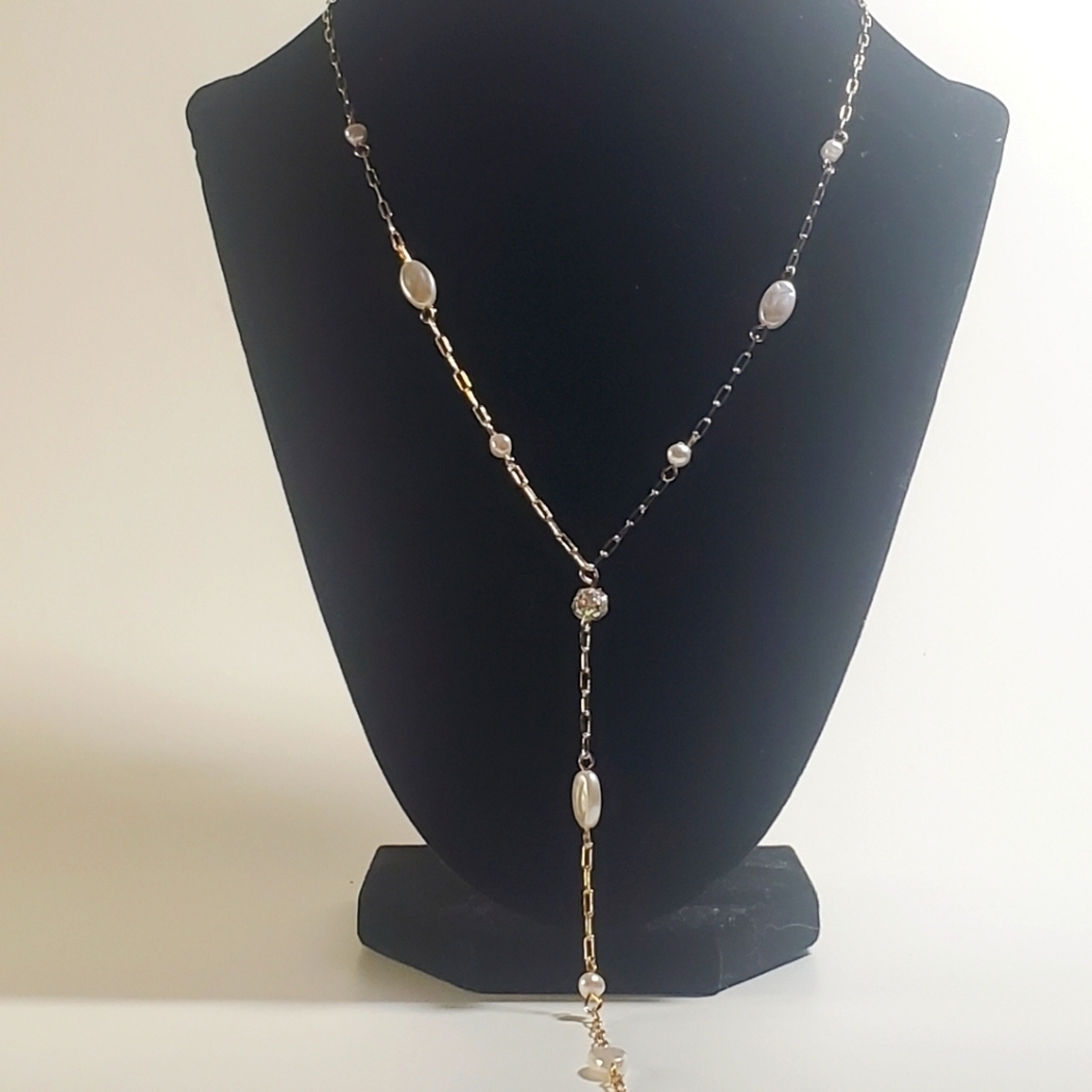 14K GOLD Plated CHAIN Lariat Necklace with Pearl & Rhinestone Adornments NWT